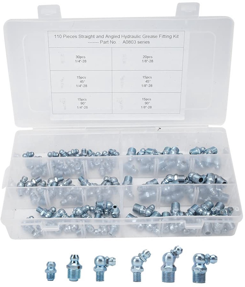 MTTproducts- Smeernippel Set 110 Stuks - 45°/90°/180° - Zink-IJzer - Universeel voor Automotoren - Hoogte 23 mm - Buitendiameter 9 mm/5 mm - Smeringsfitting