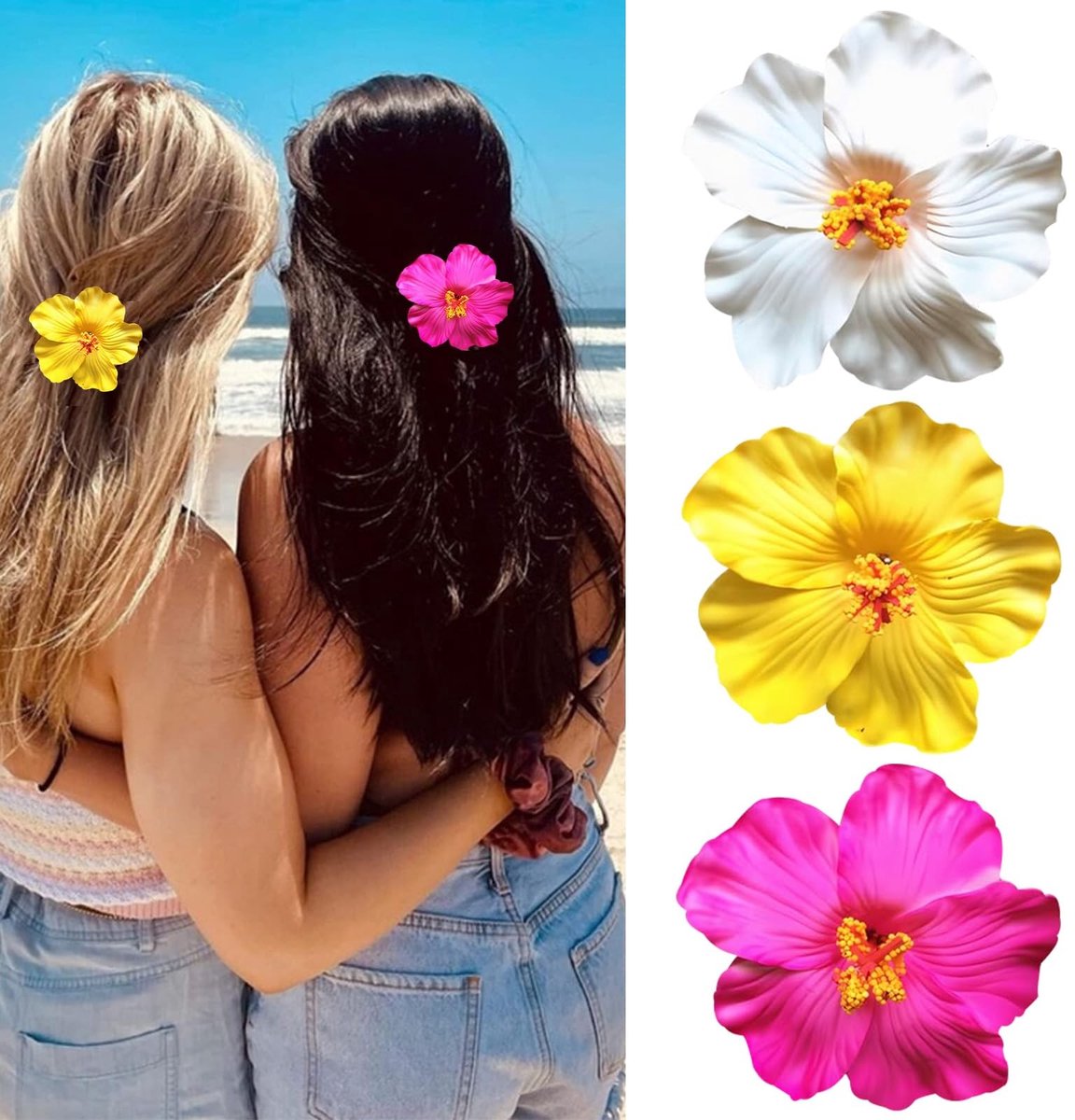 NTH products- Haarspelden 3-delig - Hawaï-bloemen - Kunstbloemenclips - 8,9 cm - Kleurrijk - Voor vakantie en strandfeest - Haaraccessoires