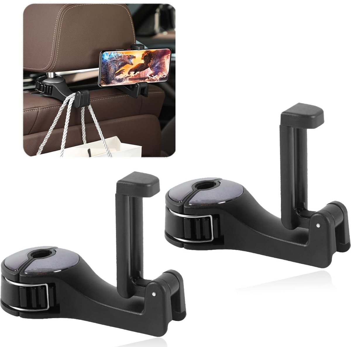 MTTproducts- Hoofdsteunhaak met Telefoonhouder - Auto Organizer - Achterbank Haak - Kledinghanger - Bagagehouder - Hoogwaardige Kunststof/Silicone - Autoaccessoires