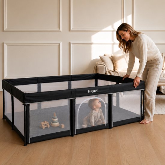 Broyari® Grondbox Baby – Binnen 2 Seconden Inklapbaar – Inclusief Speelmat & 50 Speelballen – Opvouwbare Baby Speelbox – Kinderbox – Playpen – 120x180 cm – Zwart