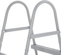 Gedetailleerde opname van de grijze ladder met schroefverbindingen.