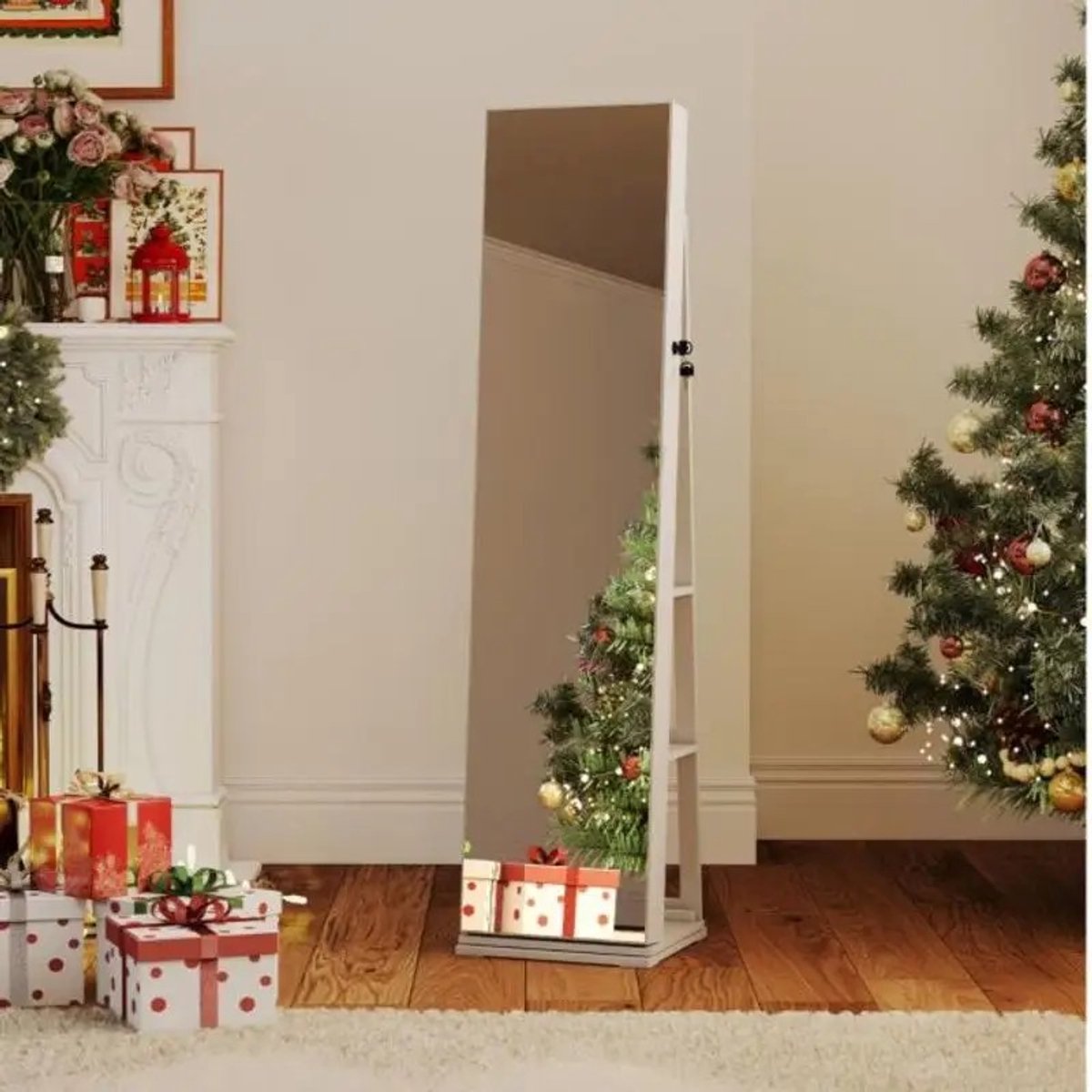 Dailygoods 360 ° Draaibare sieradenkast met spiegel in volle lengte-wit