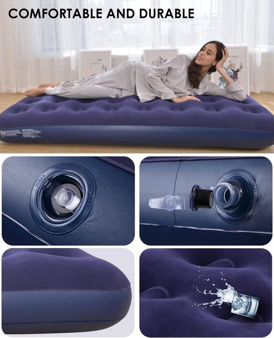 Luchtmatras - Opblaasbaar bed - Kamperen en reizen - Gevlokt vinyl oppervlak - Voor 1 persoon - Marineblauw — afbeelding 4