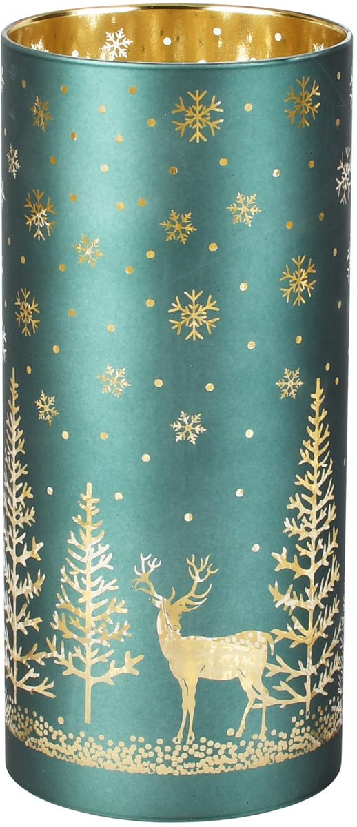 Dekoratief | Deco Waxinelichthouder 'Snow Deer', groen, glas, roterend, LED, 9x9x21cm | A265652