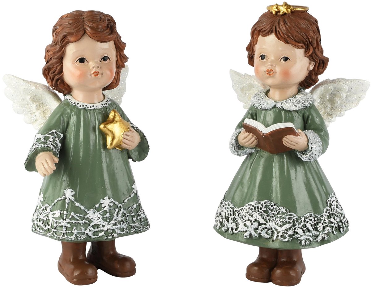Dekoratief | Engeltje m/ster/boekje, groen/wit, resina, 10x7x16cm, set van 2 stuks | A265889