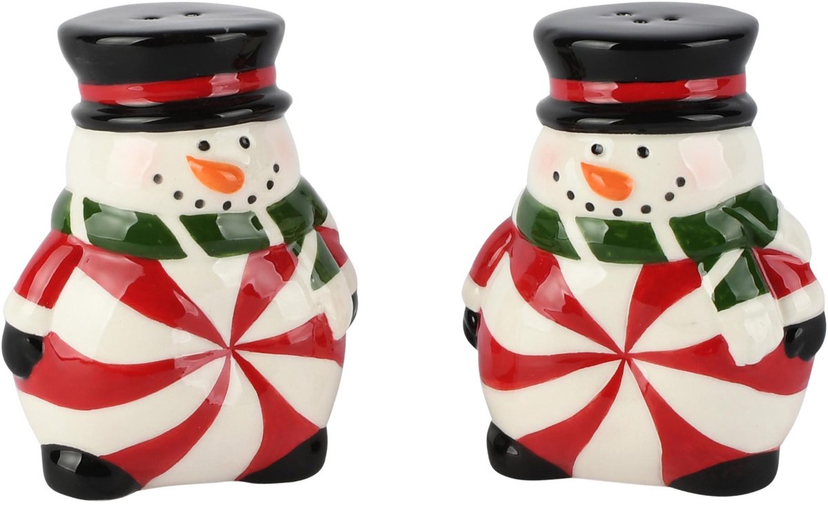 Dekoratief | Duo peper/zout sneeuwman 'Candy Cane', keramiek, 7x5x9cm | A265791