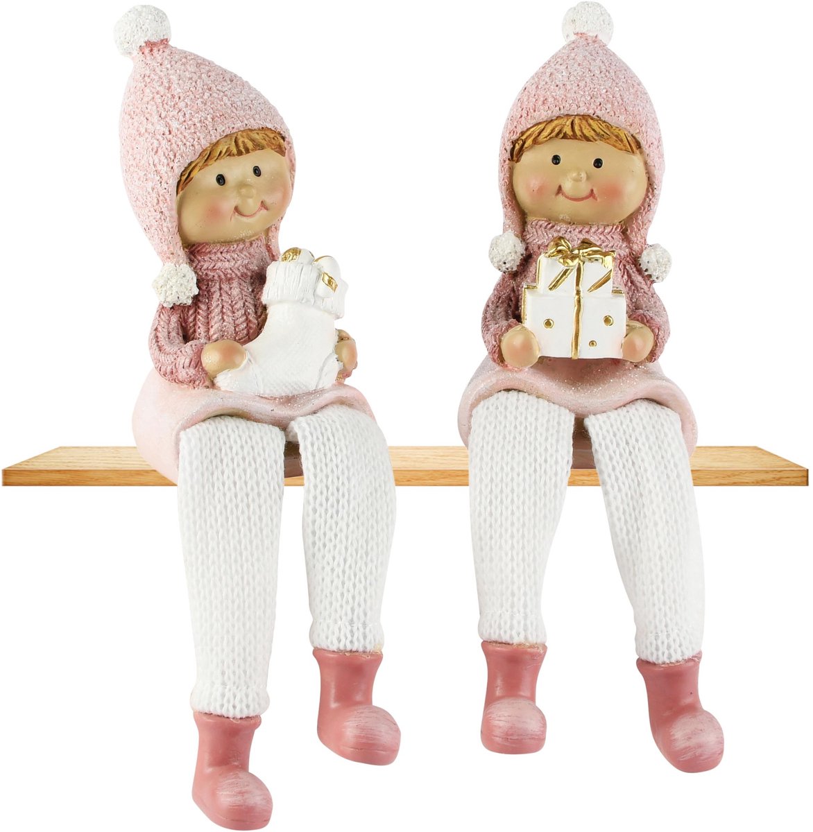 Dekoratief | Winterkindje m/hangbenen, roze/wit, resina, 5x5x18cm, set van 2 stuks | A265131