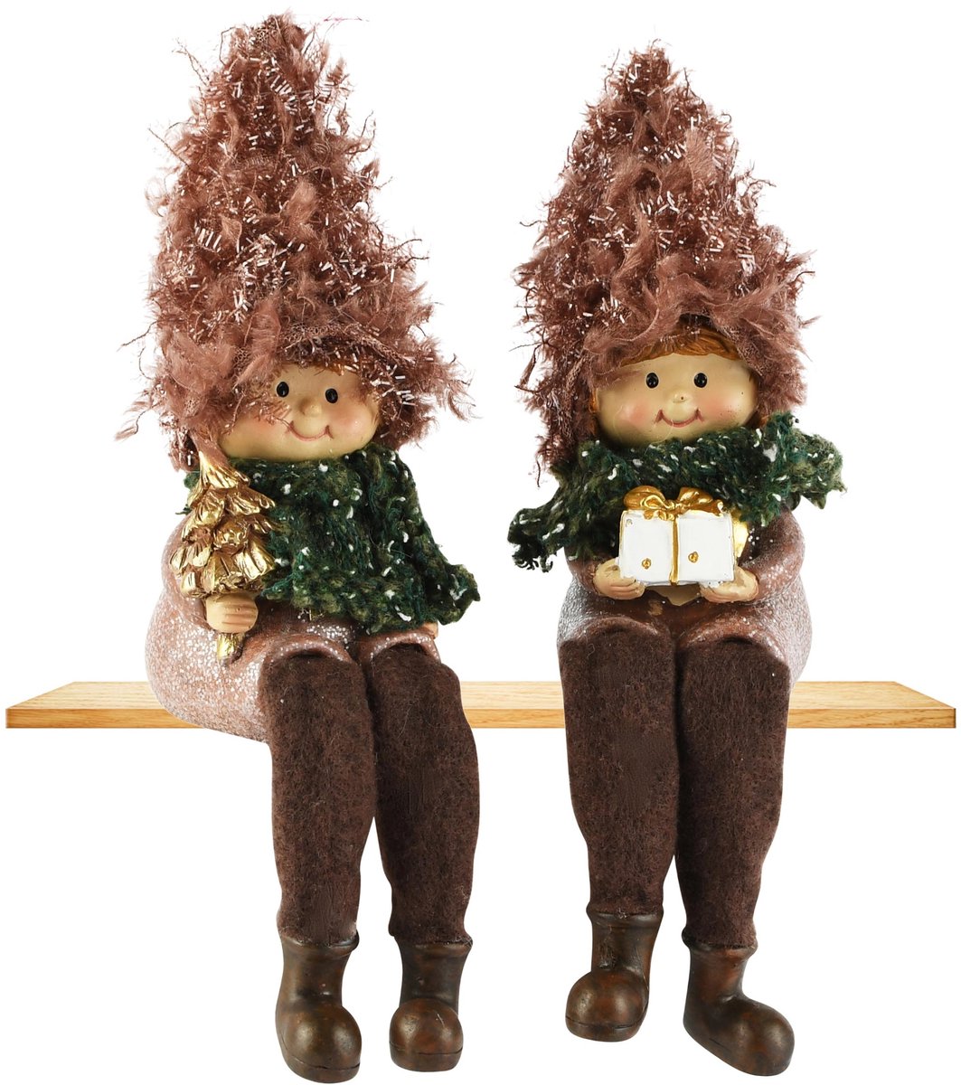 Dekoratief | Winterkindje m/hangbenen, bruin/groen, resina, 6x6x20cm, set van 2 stuks | A265134