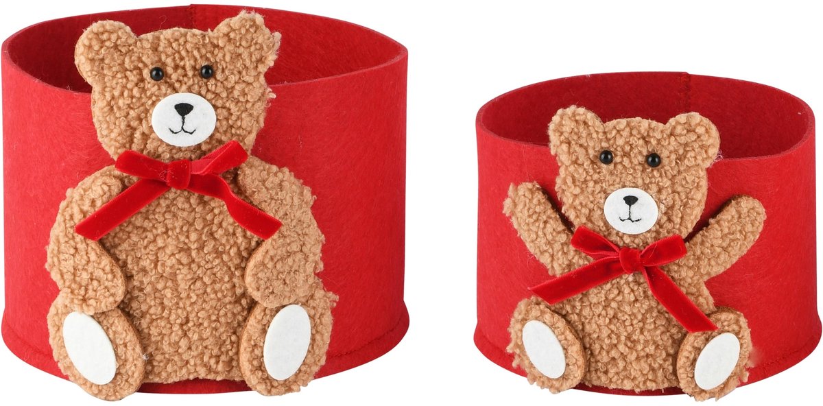 Dekoratief | Set 2 zakken m/beertje, rood/bruin, vilt, 20x19x16cm | A265270