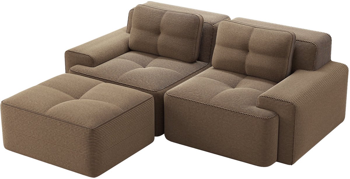 Merax L-Vormige Cloudbank 2-Zits - Bruine Ribstof Loungebank 204 cm - Modulaire Bank met Hocker - Diepe Zitting - Antislip Onderzijde - Geen Montage Nodig