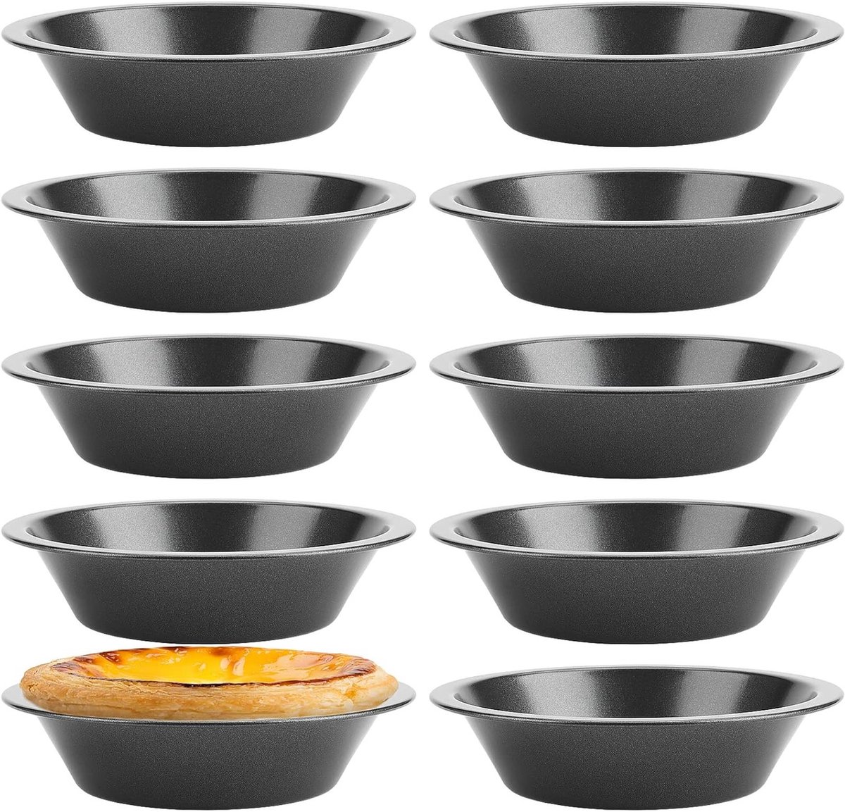 10 Stuks Individuele Taartvormen met Antiaanbaklaag, Ronde Bakvormen voor Oven, Quiche en Gebak (12,5 x 3 x 8 cm, Zwart)