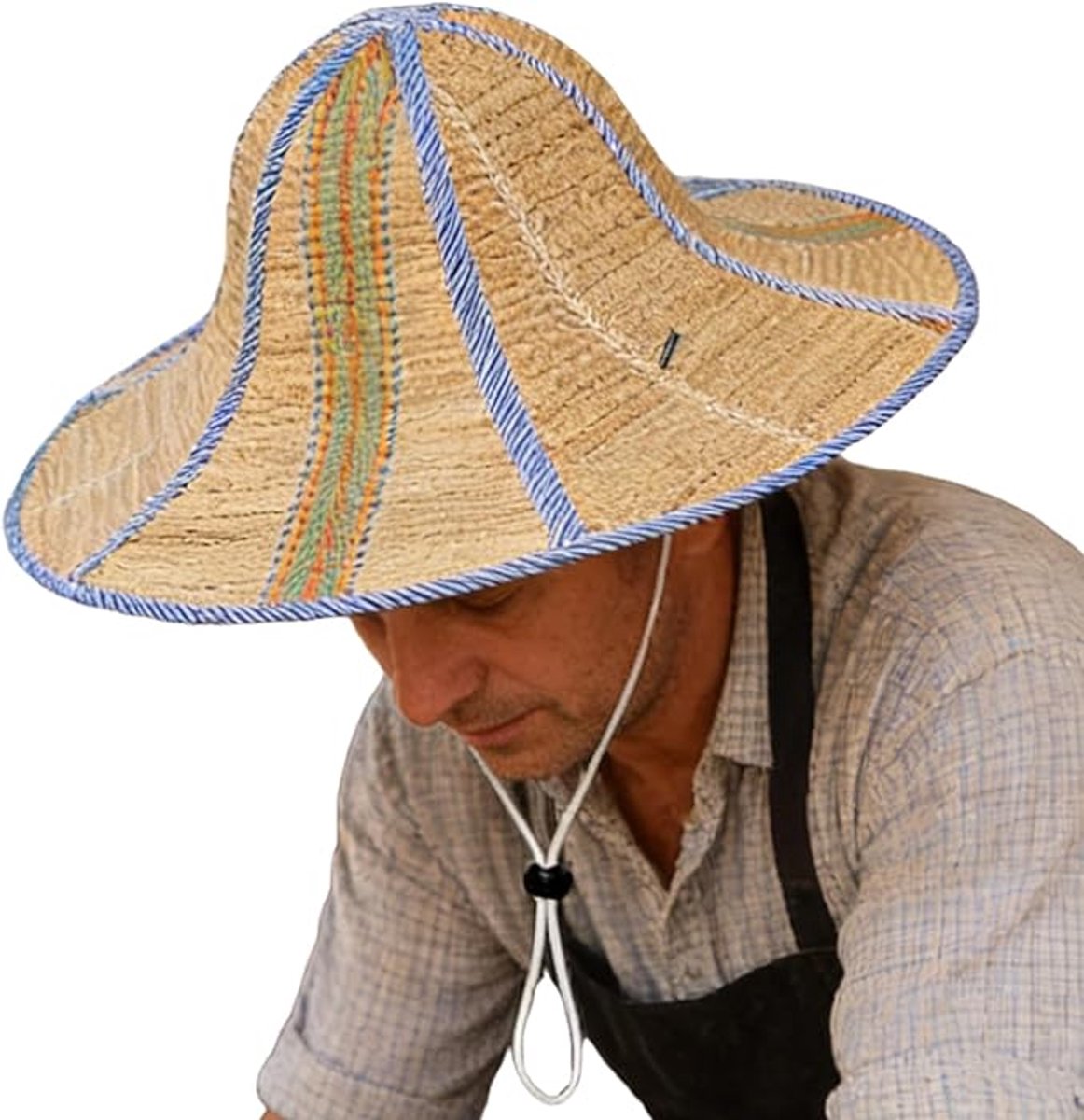 Strohoed heren-strohoed-Strohoed - Brede rand, ademend - Herenzonnehoed Geschikt voor reizen, woon-werkverkeer, zomer, landbouw, fietsen, tuinieren, vrouwen en boeren - Hoedomtrek 57 cm - Blauw