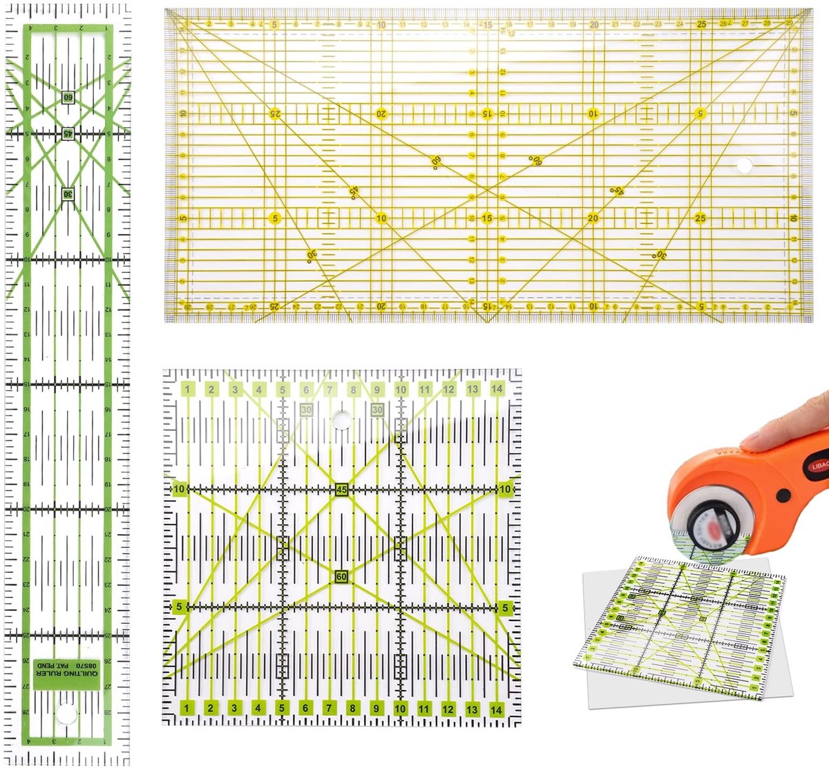 Cosensi- Patchworkliniaal 15 x 30 cm - 15 x 15 cm - 5 x 30 cm - Verstelbaar - Hoekindicatoren 30°/45°/60° - Duurzaam Acryl - Quiltliniaal