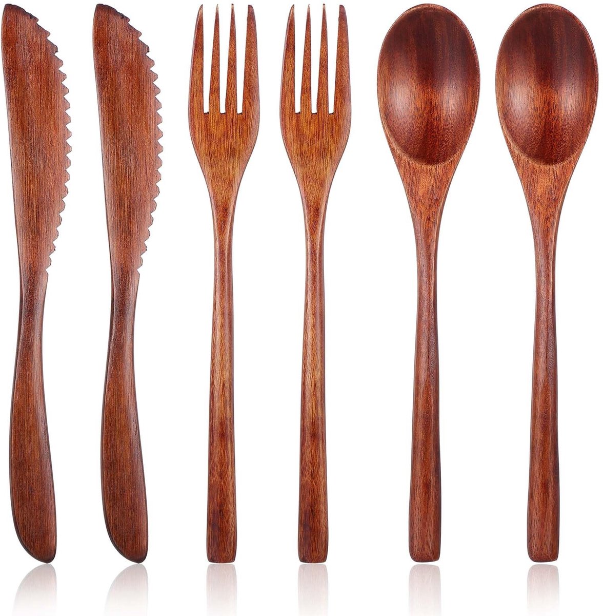 Cosensi- Houten Bestek Set - 6 Stuks Houten Lepels/Vorken/Schraper - Herbruikbaar - Nanmu Hout - Perfect voor Thuis/Camping - Houten Eetgerei