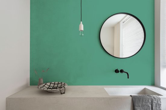 Badkamer met een wastafel en een groene muur met spiegel.