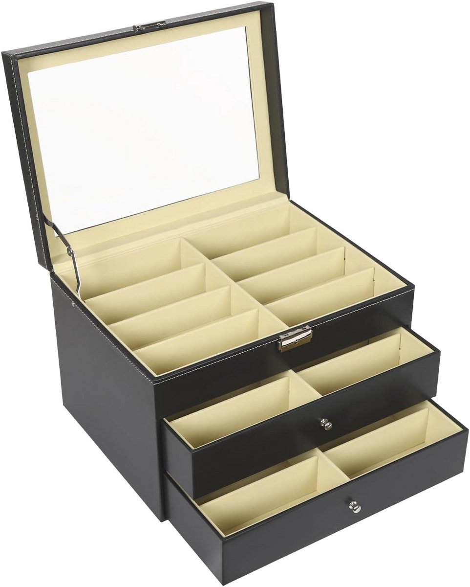 Luxe brillendoos voor 24 brillen en horloges met slot - 3 etages