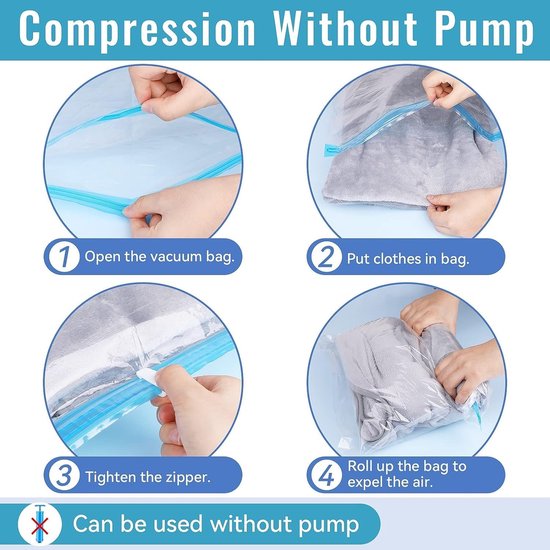 Vacuümzakken Set - Compressiezakken Kleding - Ruimte Besparen - Pomploze Compressie - 8 Stuks 4 Maten - Transparant — afbeelding 4