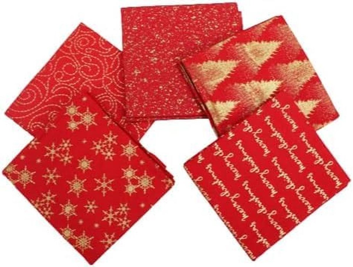 5 Stuks Kerst Stofpakket Fat Quarters 100% Katoen Rood Groen Wit Goud Folie