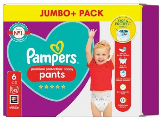 Jumbo+ Pack Pampers premium protection nappy pants maat 6, 42 stuks. Met "Stop & Protect Pocket".