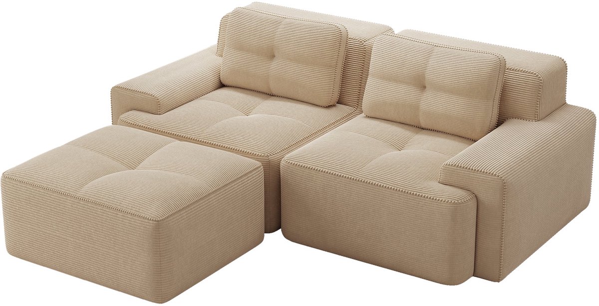 Merax L-Vormige Cloudbank 2-Zits - Beige Ribstof Loungebank 204 cm - Modulaire Bank met Hocker - Diepe Zitting - Antislip Onderzijde - Geen Montage Nodig