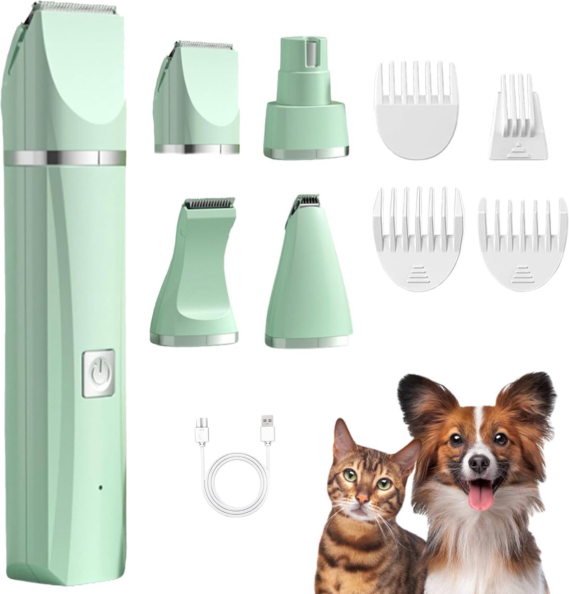 Hondenverzorgingsset – Stille & Precise Vachtknipper voor Kleine Katten – 4 Verwisselbare Messen & 4 Opzetkammen – voor Poten, Ogen, Oren, Gezicht – 1 Set