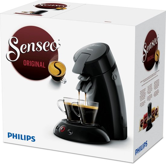 Doos van de Senseo Original koffiemachine in het zwart, met afbeelding van de machine, kopjes en pads.