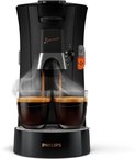 Zwarte Senseo koffiezetapparaat die twee kopjes koffie zet, met stoom.