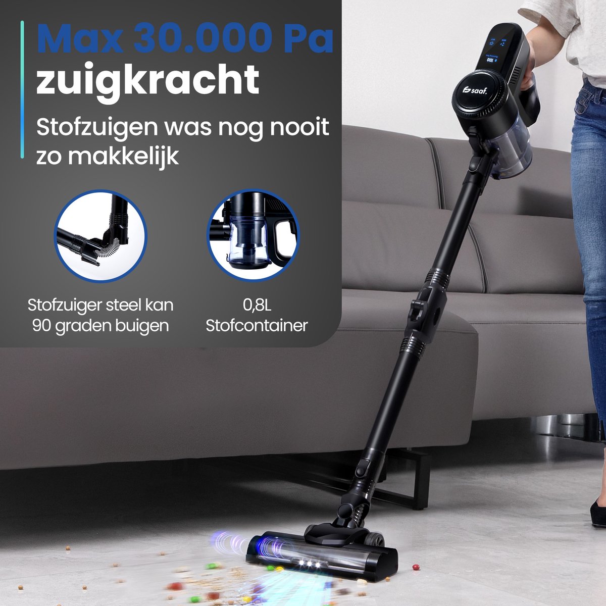 Saaf G90 Steelstofzuiger - 250W - Steelstofzuiger Draadloos - Stofzuiger Zonder Zak - 7-delige set met Buigbare Steel - 30kPa - Kruimeldief - Zwart — afbeelding 7