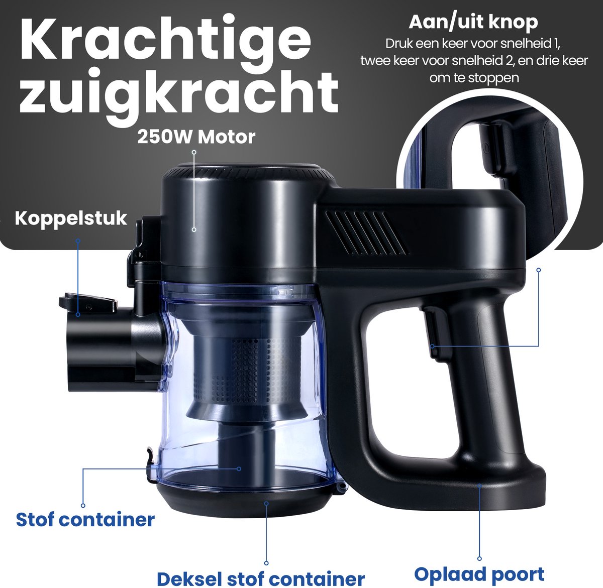 Saaf G90 Steelstofzuiger - 250W - Steelstofzuiger Draadloos - Stofzuiger Zonder Zak - 7-delige set met Buigbare Steel - 30kPa - Kruimeldief - Zwart — afbeelding 2