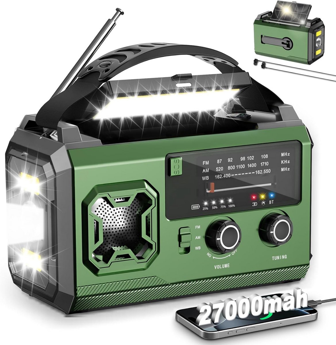 Draagbaar Solar Noodradio met Hand Crank, FM/AM, Zaklamp en SOS Functie