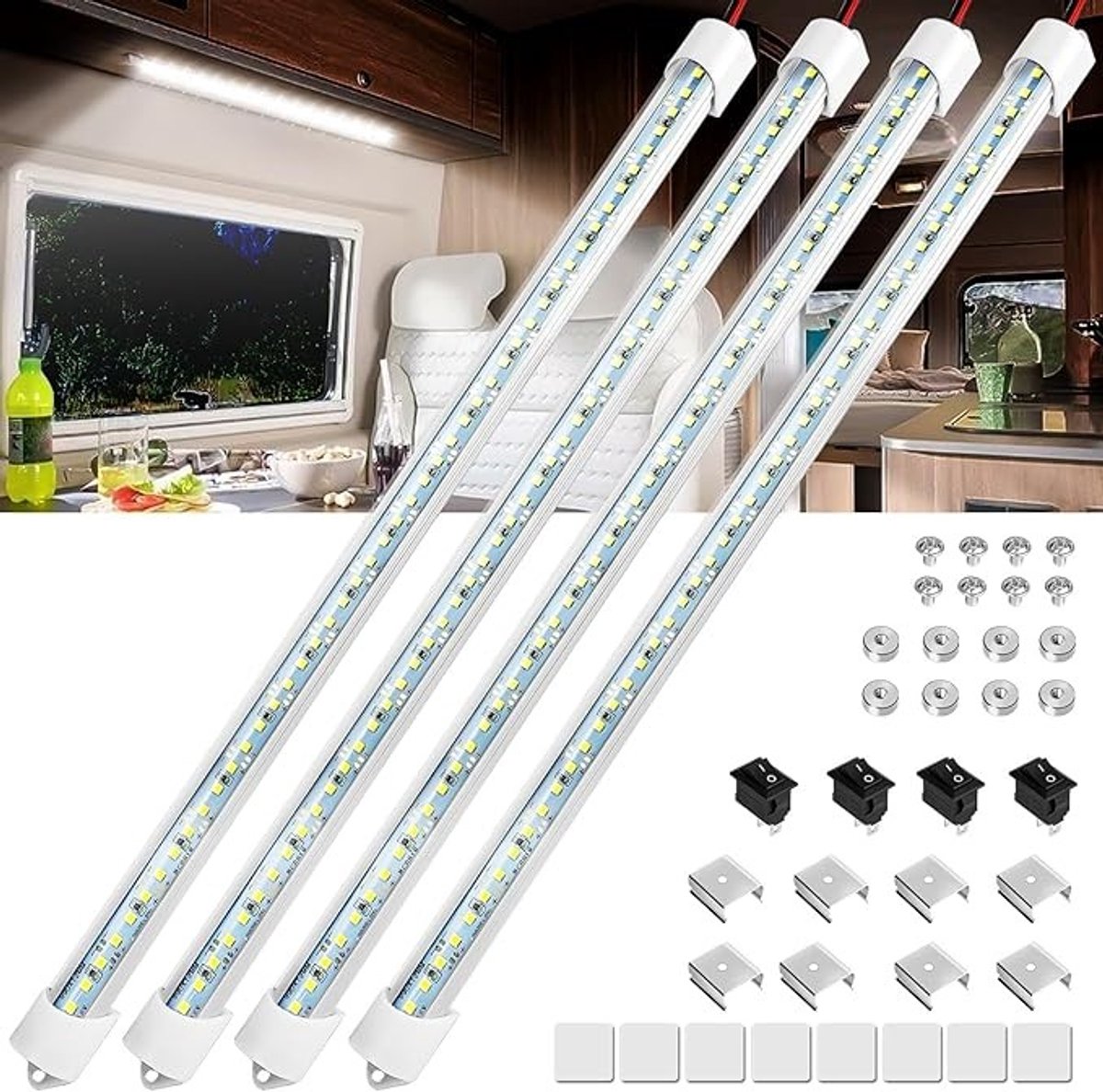 LED Lichtbalk Set 4 Stuks 12V 48 LEDs 6500K Wit voor Auto Camper