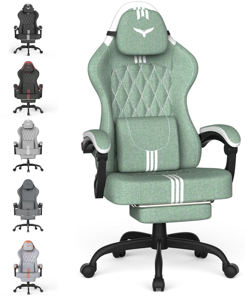 Soontrans - Ergonomische Gaming Stoel - Verstelbare Gamestoel -Lendensteun - Hoofdsteun - Voetsteun - Hoogteverstelbaar & 360° Draaibaar - Ademende Stof - Multifunctioneel als Bureaustoel - Werkstoel en PC-Stoel - Groen-wit