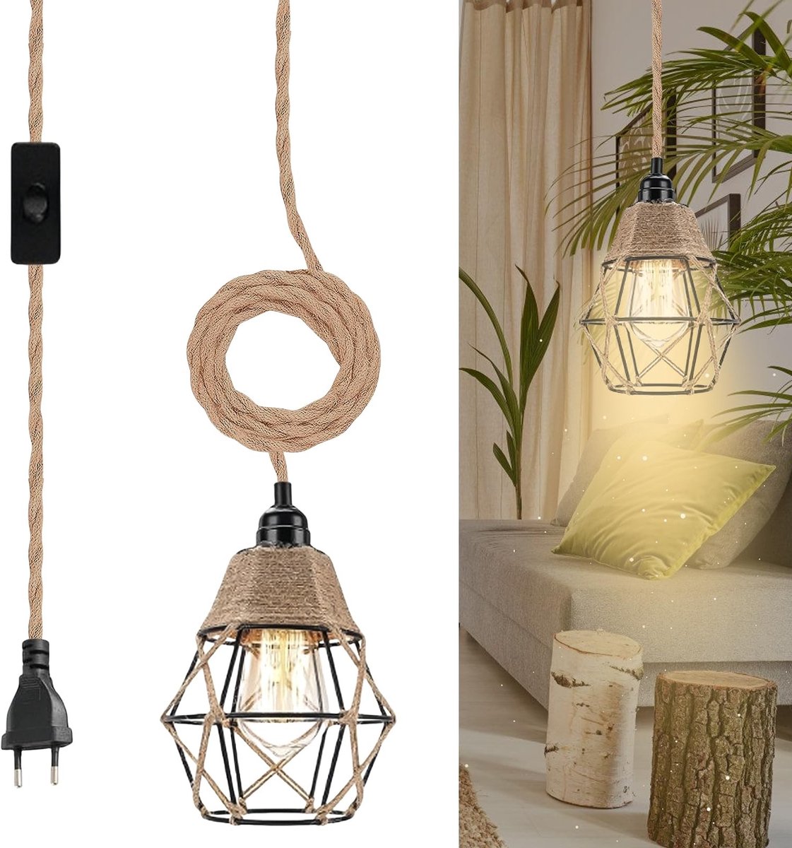 Hanglamp met stekker - Bruin - 1,8 m - Rotan met Textielkabel - Voor Keuken en Balkon