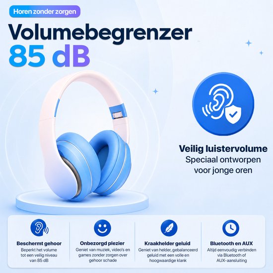 Casque bleu et blanc pour enfants, axé sur l'écoute en toute sécurité avec une limite de volume de 85 dB.