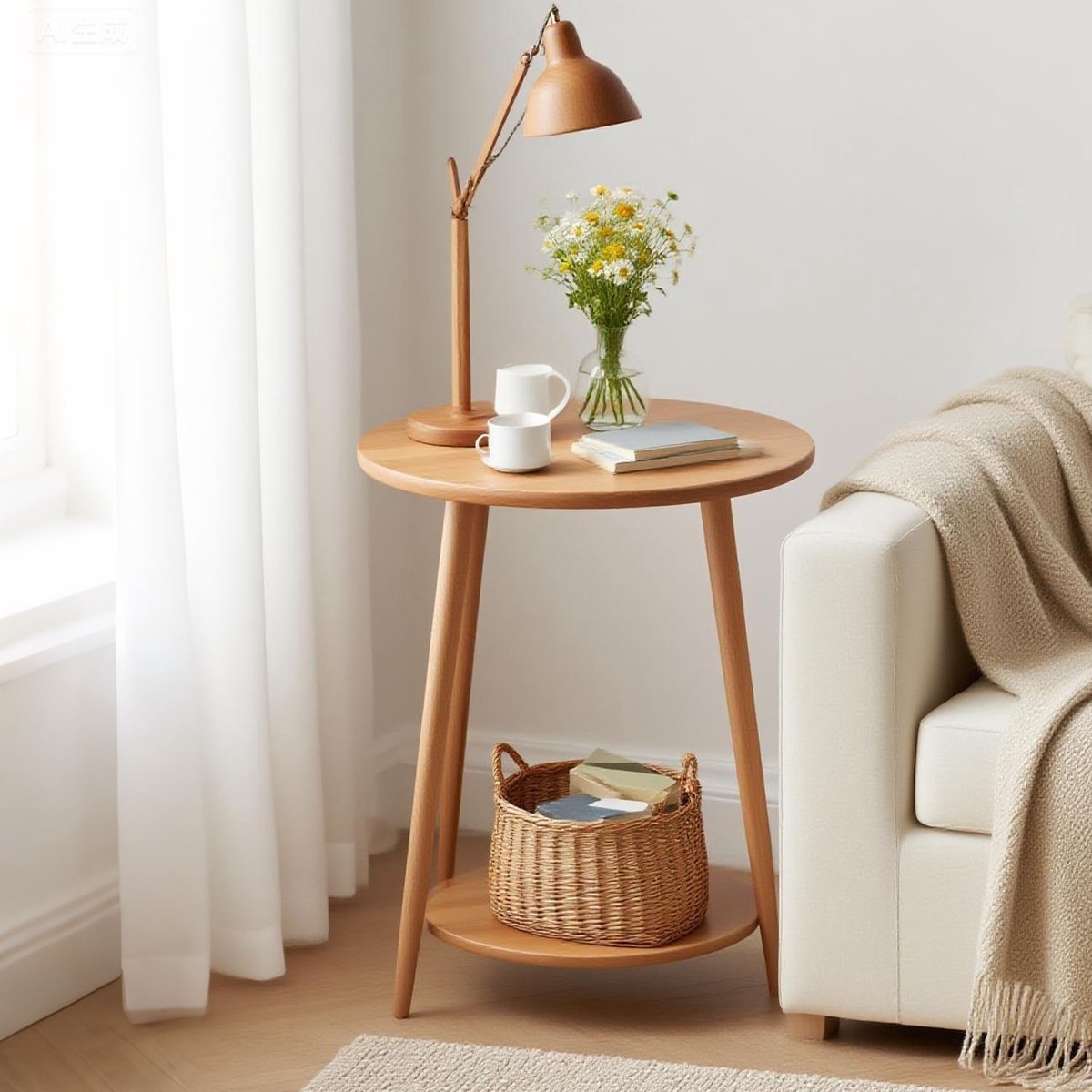 Ronde Bijzettafel met 2 Lagen - Moderne Salontafel voor Woonkamer en Bank - Licht Walnoot Bijzettafel - 50×50×60CM