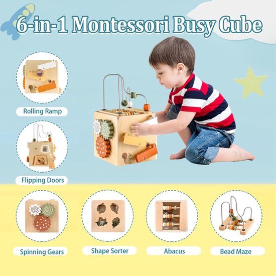 Montessori Motor Skills Cube Toy - Houten speelgoed voor baby's vanaf 18 maanden - Activiteitenkubus met motorische vaardigheden - Houten motorisch speelgoed voor 1-2 jaar, cadeau voor peuters — afbeelding 3