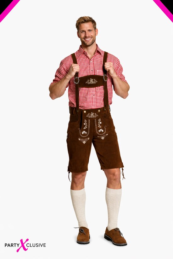 Partyxclusive Lederhose Steinbock met bretels 100% Amara Oktoberfest Heren Lederhosen Man Carnavalskleding Heren - Amara - Donkerbruin - M
