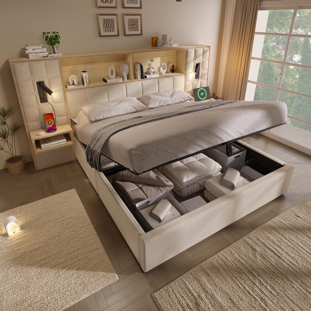 Pugsdrly Gestoffeerd bed 180x200 met opbergruimte, systeembed beige, LED & 2 leeslampjes, 2 geïntegreerde nachtkastjes, USB Type-C oplaadpoort, linnenstof, incl. lattenbodem, zonder matras