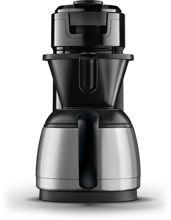 Zilverkleurige en zwarte Senseo koffiezetapparaat voor filterkoffie.