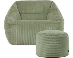 icon - Natalia XL Zitzak Fauteuil met Ronde Poef - Ribfluweel - Saliegroen