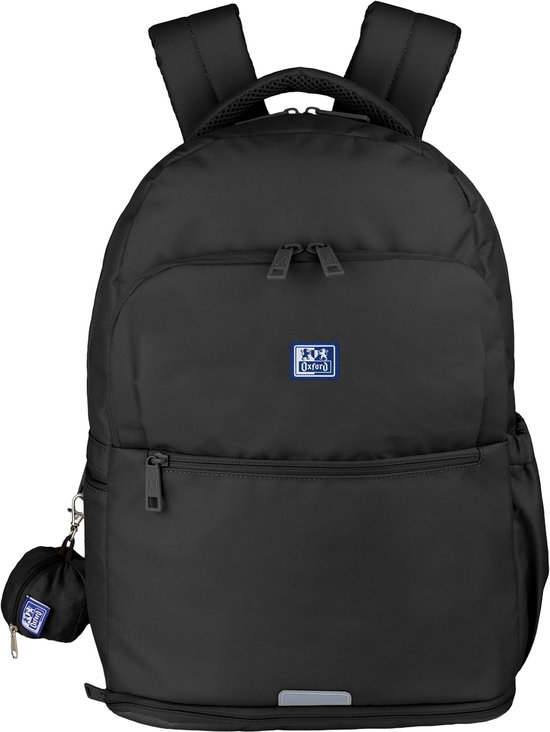 Zwarte Oxford rugzak met laptopvak en klein bijpassend tasje met Oxford logo.