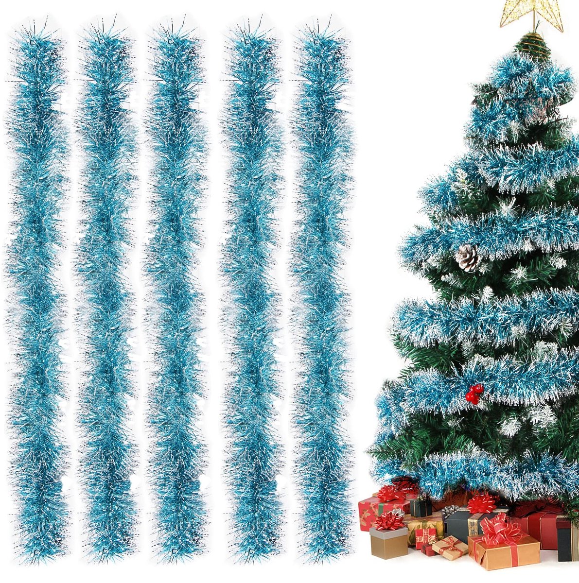 Dailygoods - Cosensi - Dailygoods - Dailygoody - Lametta slinger - Kerstversiering - Glanzend - Lichtblauw - Decoratie - 5 stuks - Geschikt voor feestdagen - Kerstboomdecoratie