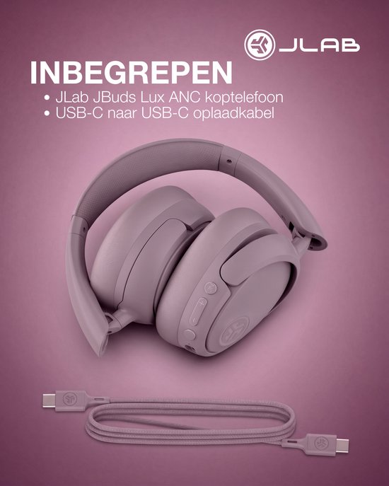 Mauve JLab JBuds Lux ANC koptelefoon, opgevouwen, met USB-C oplaadkabel.