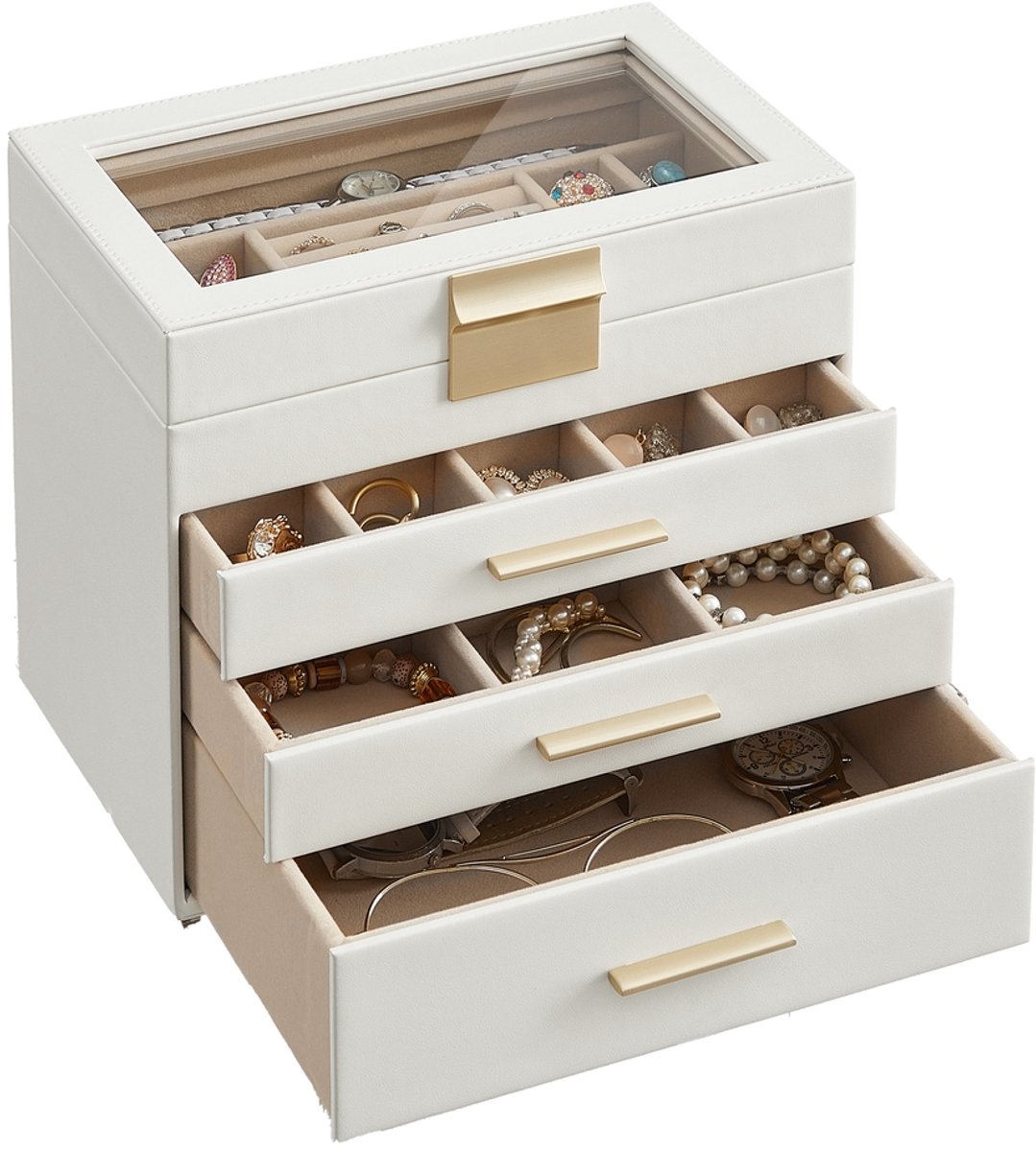 SONGMICS - Sieradendoos - Juwelendoos - Met 4 Lagen - 5 Lades - Glazen Deksel - Voor Grote Sieraden