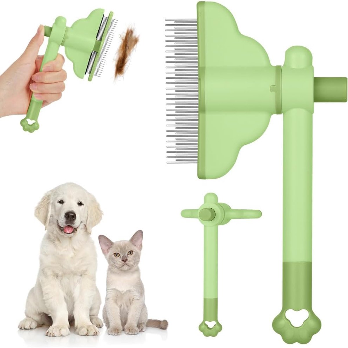 Dierenkam - Zelfreinigende Kattenkam - Roteerbaar Ontwerp - Met Knop voor Dode Haren - Verzorgingskam voor Huisdieren - Groen