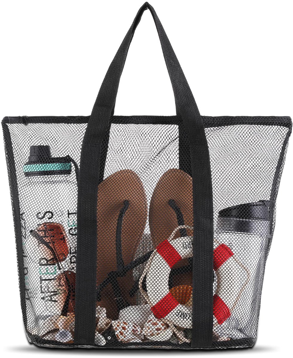 Dailygoods - Dailygoody - Grote net strandtas - Opvouwbare handtas - Waterdicht - Zwart - Zwembadtas - Voor strand en vakantie - Mesh en polyester