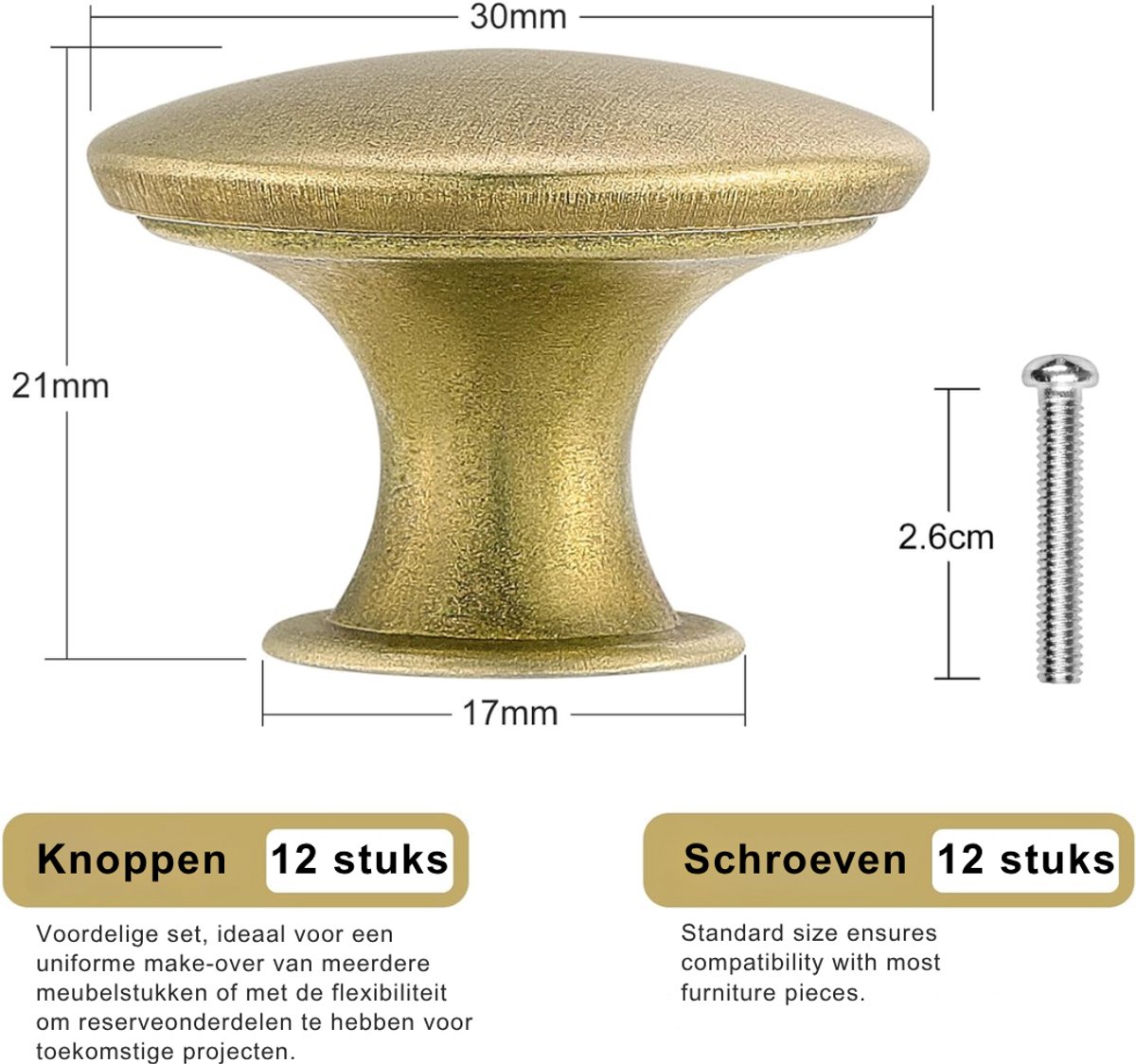 HEZIVO® Deurknoppen voor Kasten - Kastknoppen - Meubelknop - Lade Knoppen - Messing