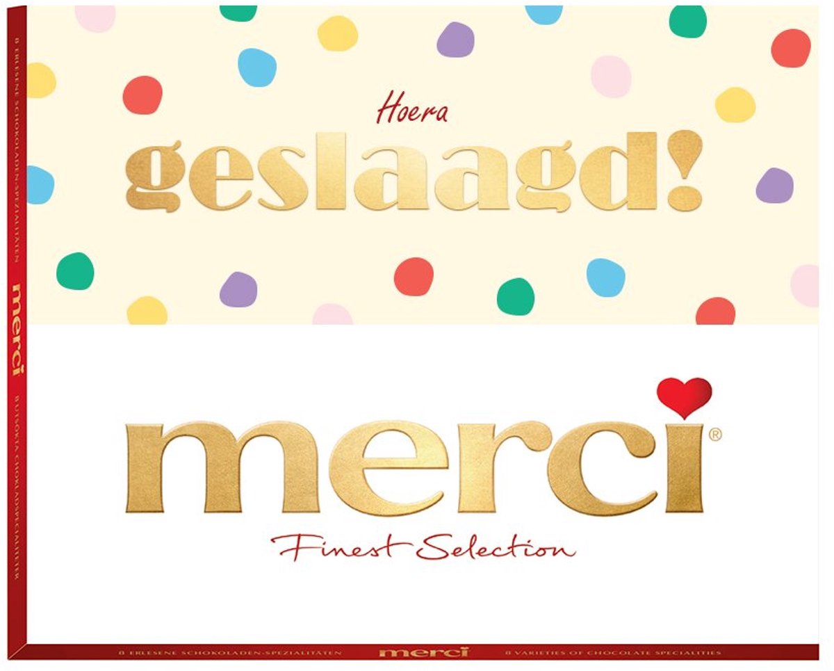 merci 250g "Hoera geslaagd" - merci Finest Selection Assorted chocolade - Mix van 8 smaken - Chocolade cadeau - Individueel verpakte chocoladereepjes