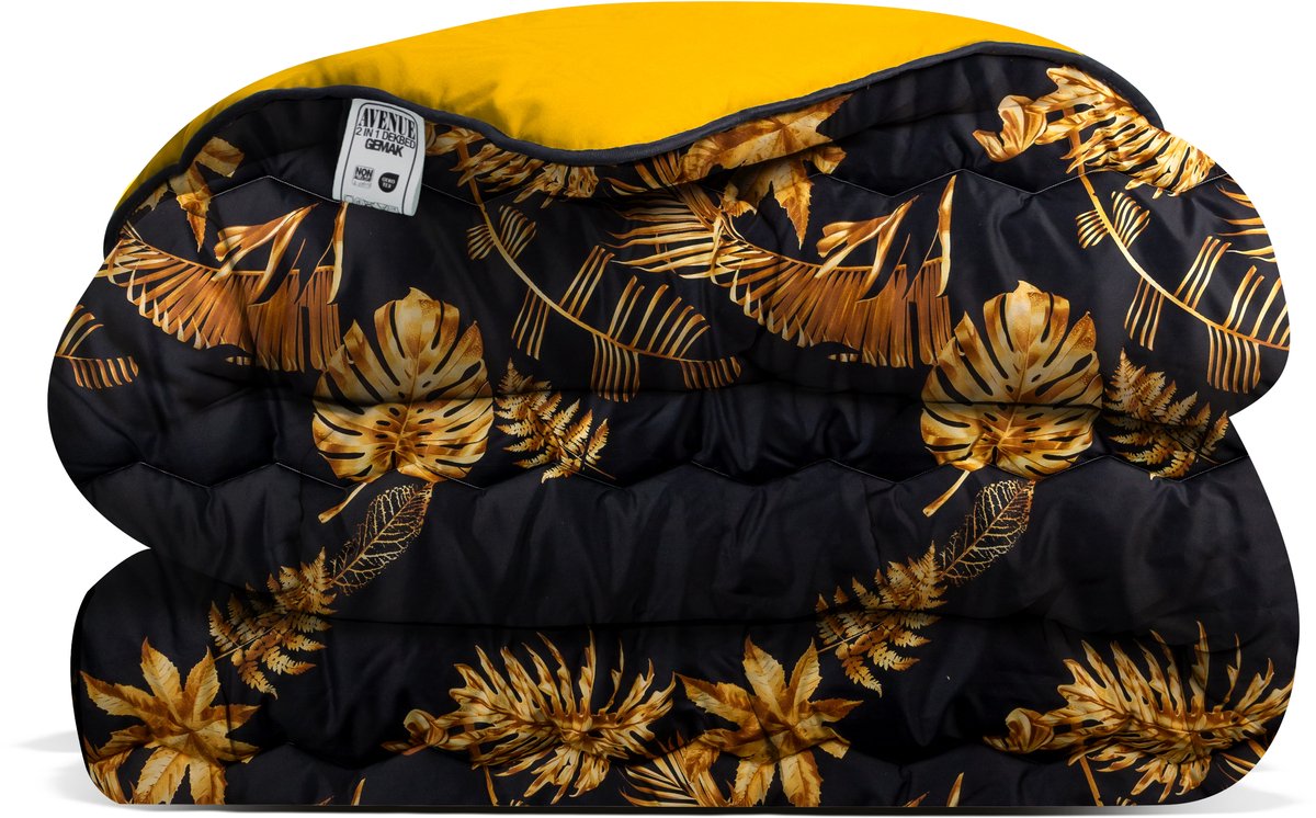 Avenue - Luxe en makkelijk dekbed zonder overtrek – Hoesloos 1 persoons dekbed 140x200 cm – Anti-allergisch & hygiënisch – Wasbaar op 60°C – Wolkenzacht en soepel – Gouden Bladeren - Zwart – All Year comfort zomerdekbed & winterdekbed