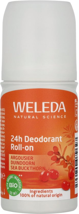 Weleda 24h Deodorant Roll-on Duindoorn met afbeelding van duindoornbessen.